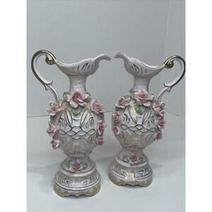 Vintage Lefton China Pink Roses Pitcher Vase Pair See Description
